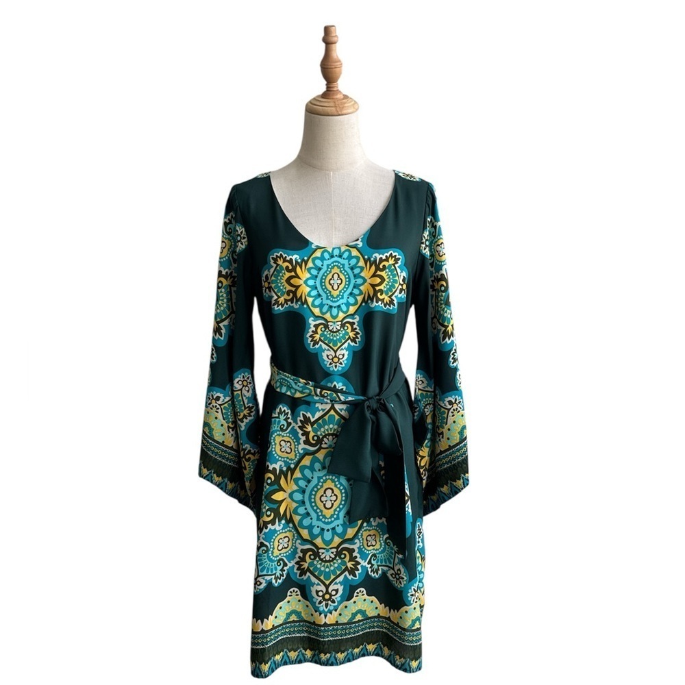 Anthropologie Uncle Frank Green Yellow Paisley Print Shift Dress Boho Size Small